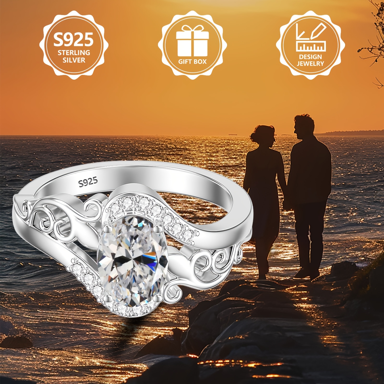 925 Silver Women's Anniversary Ring Bohemian Hollow Oval CZ Stone